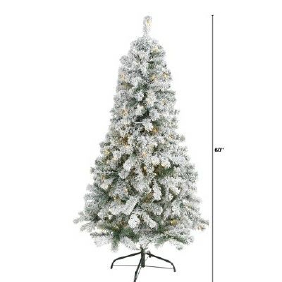 Spruce * | 5Ft Nearly Natural Pre-Lit Led Flocked Rock Springs Spruce Artificial Christmas Tree Clear Lights