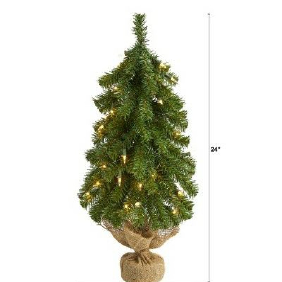 Pine * | 2Ft Nearly Natural Pre-Lit Alpine Artificial Christmas Tree Clear Lights In Burlap Planter