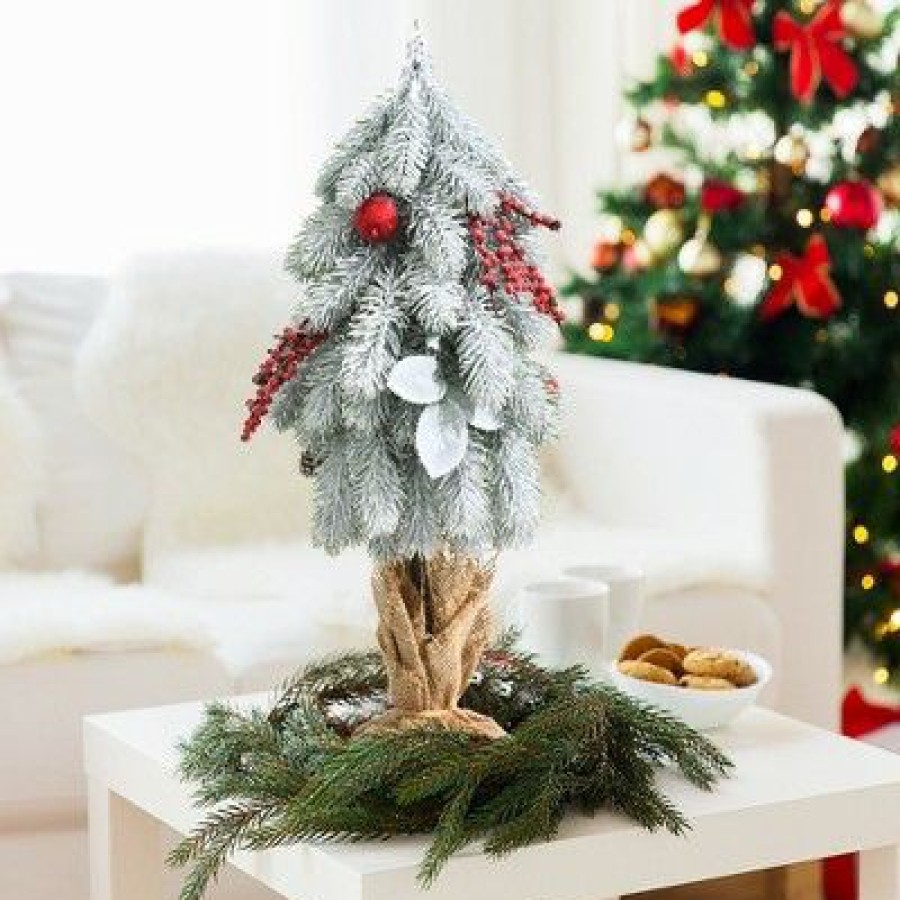 Pine * | Costway 19"Snow Flocked Tabletop Christmas Pine Tree W/Pine Cones & Red Berries