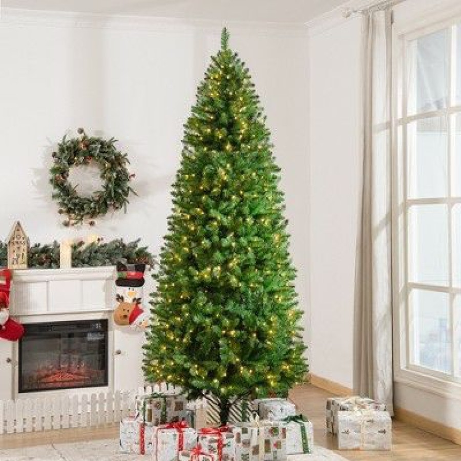 Pine * | Homcom 7.5Ft Tall Pre-Lit Pine Artificial Christmas Tree With Realistic Branches, 450 Warm White Led Lights And 1146 Tips