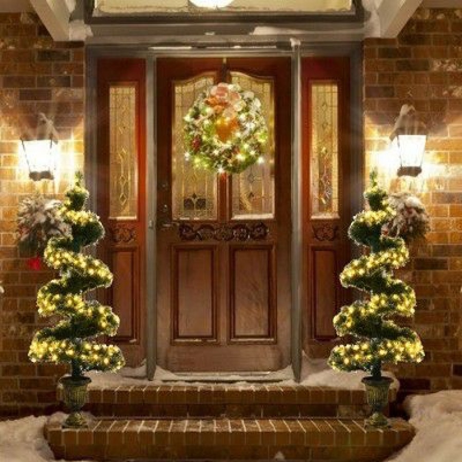 Pine * | Costway Set Of 2 Pre-Lit Spiral Snowy Artificial Christmas Entrance Tree 4Ft W/ 364 Tips