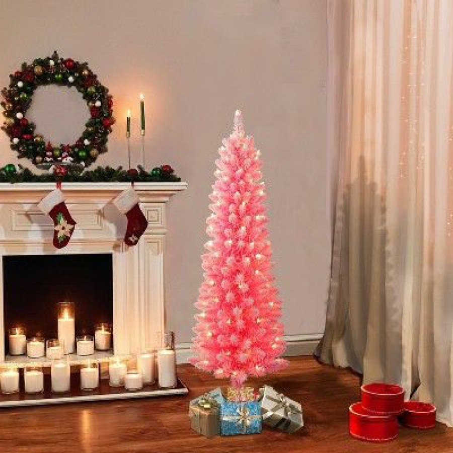 Balsam Fir * | 4.5Ft Puleo Pre-Lit Pink Flocked Slim Artificial Christmas Tree Clear Lights