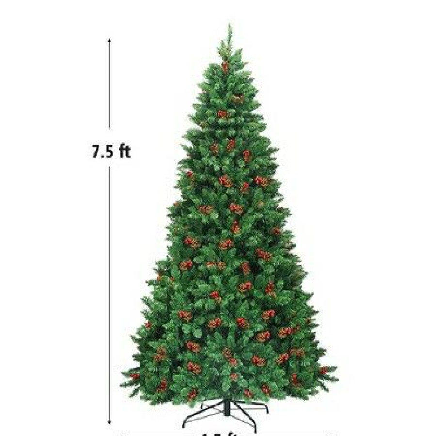 Pine * | Costway 4.5Ft6.5Ft7.5Ft Pre-Lit Hinged Christmas Tree W/ Pine Cones Red Berries And 300450450 Led Lights