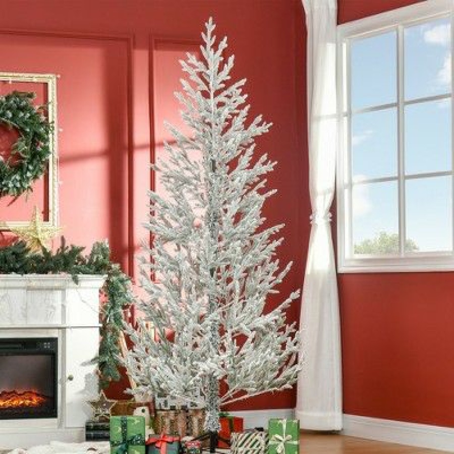 Fir Wood * | Homcom 7 Foot Snow Flocked Artificial Christmas Tree With 240 Fir Realistic Branches, Auto Open, Green