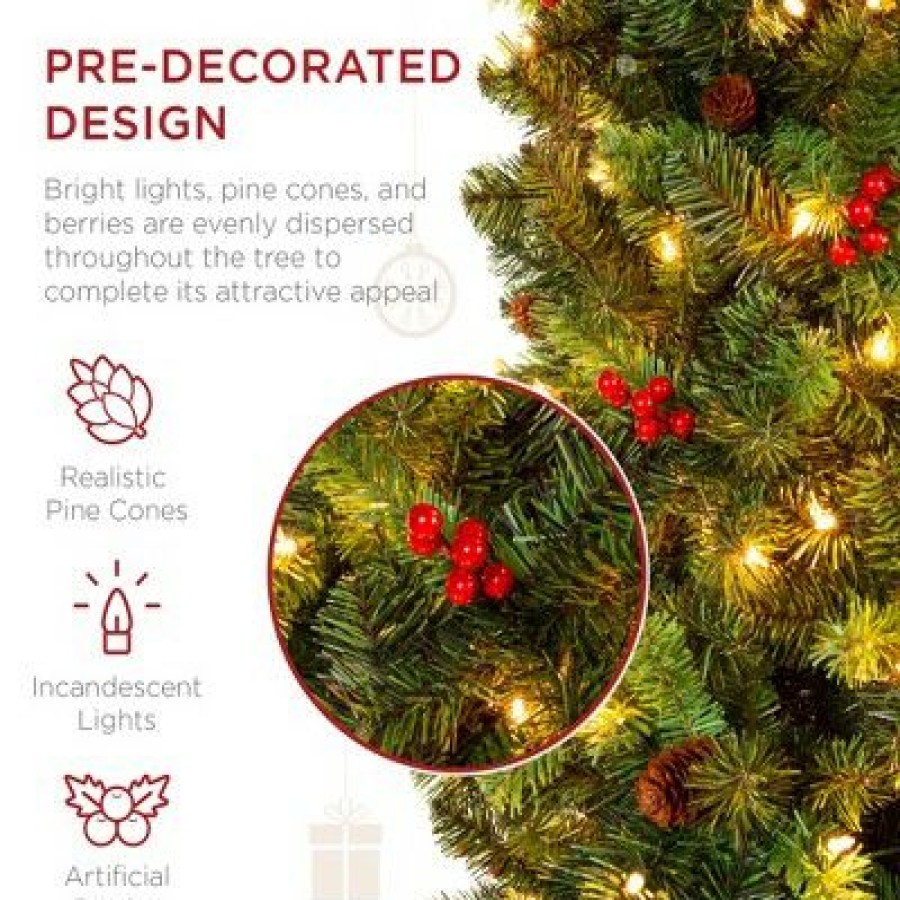 Pine * | Best Choice Products Pre-Lit Pencil Christmas Tree Pre-Decorated Holiday Accent W/ Base