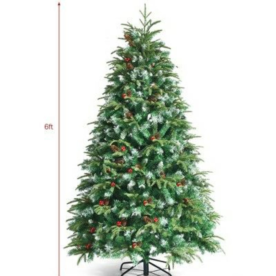 Pine * | Costway 6Ft Pre-Lit Snowy Christmas Hinged Tree 11 Flash Modes W/ 350 Multi-Color Lights