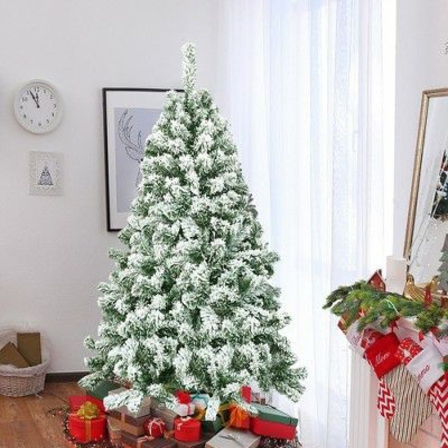 Pine * | Costway 4.5Ft Snow Flocked Artificial Christmas Tree Hinged W/400 Tips And Foldable Base