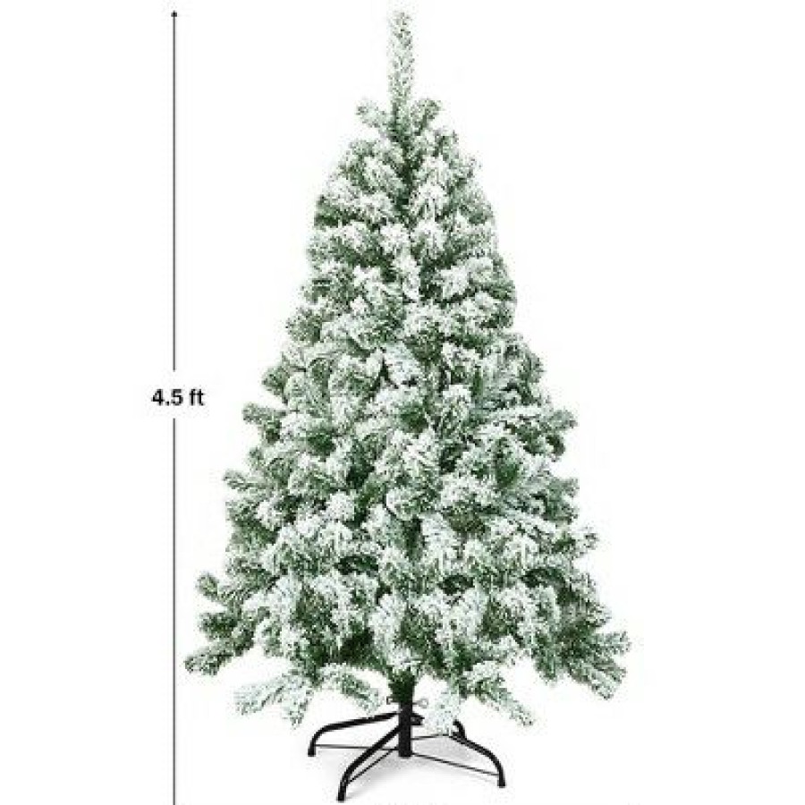 Pine * | Costway 4.5Ft Snow Flocked Artificial Christmas Tree Hinged W/400 Tips And Foldable Base