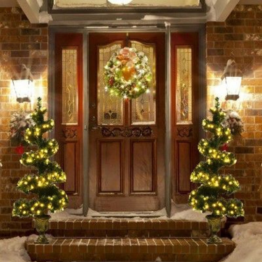 Pine * | Costway Set Of 2 Pre-Lit Spiral Artificial Christmas Entrance Tree 4Ft W/ 150 Led Lights