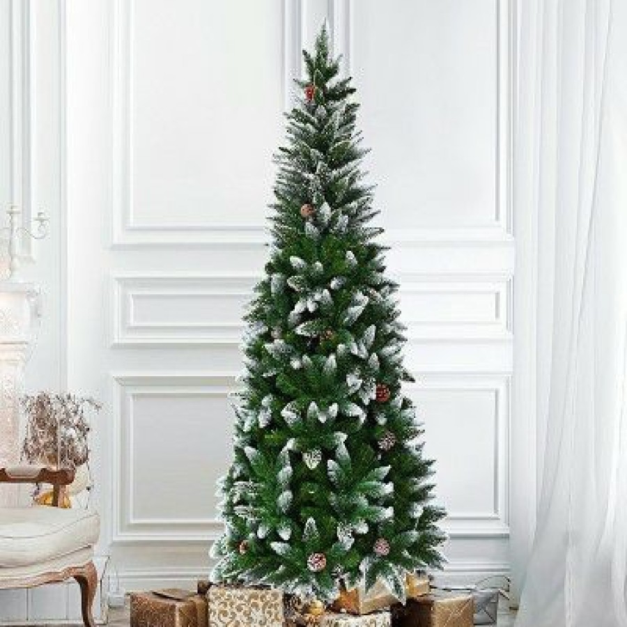 Pine * | Tangkula 5 Artificial Pencil Christmas Tree Snow Flocked Tree W/ Pine Cones And Metal Stand