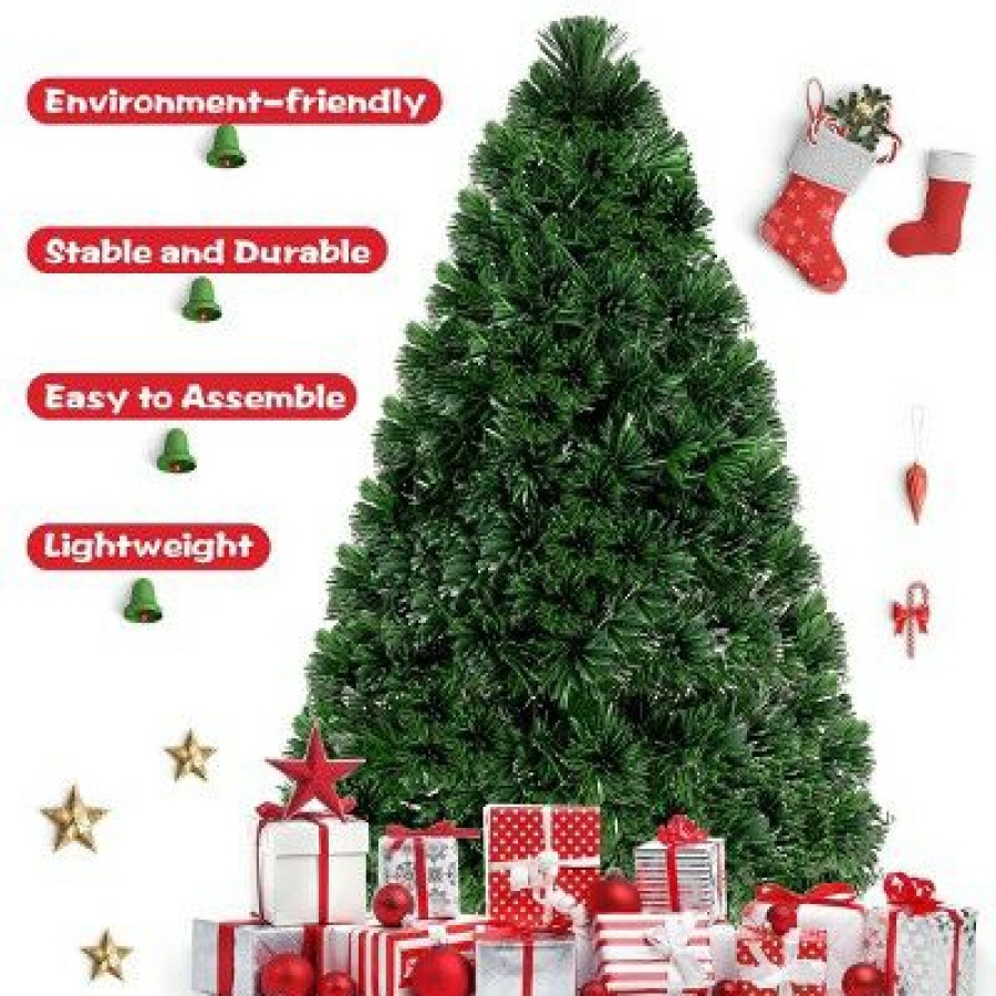 Pine * | Costway Pre-Lit Fiber Optic Artificial Pvc Christmas Tree Metal 4Ft