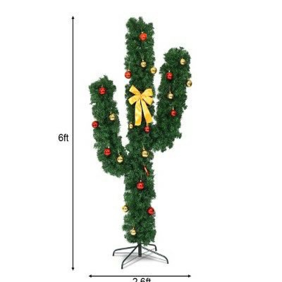 Pine * | Costway 6Ft Pre-Lit Cactus Christmas Tree Led Lights Ball Ornaments