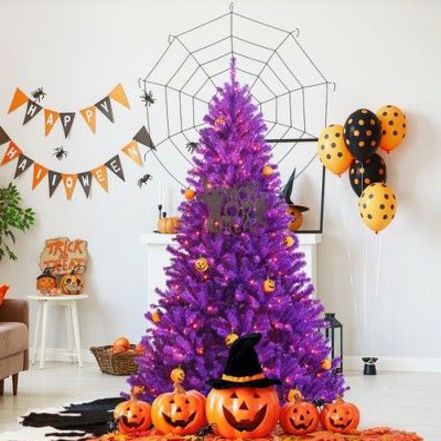 Pine * | Costway 6Ft Pre-Lit Purple Halloween Christmas Tree W/ Orange Lights Pumpkin Decorations