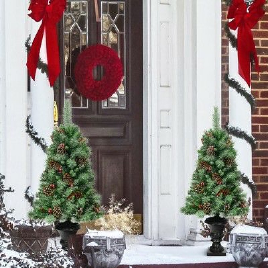 Pine * | Costway Set Of 2 Christmas Entrance Tree 4Ft W/Pine Cones Red Berries & Glitter Branches