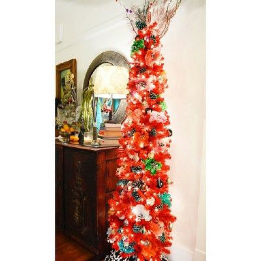 Unidentified Plant Variety * | Treetopia Tango Red Lipstick 7 Foot Artificial Prelit Pencil Thin Christmas Tree Holiday Decoration W/ White Led Lights, Premium Stand, And Foot Pedal