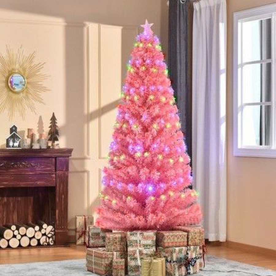 Douglas Fir * | Homcom 7Ft Tall Fir Artificial Christmas Tree With Realistic Branches, 280 Multi-Color Fiber Optic Led Lights And 280 Tips, Pink