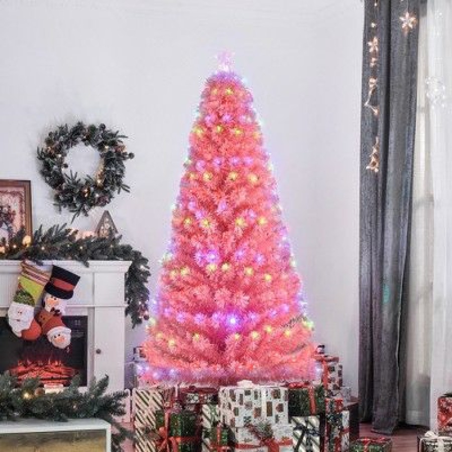 Douglas Fir * | Homcom 7Ft Tall Fir Artificial Christmas Tree With Realistic Branches, 280 Multi-Color Fiber Optic Led Lights And 280 Tips, Pink