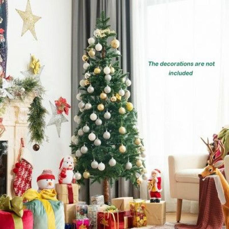 Pine * | Costway 6Ft Pre-Lit Artificial Hinged Pencil Christmas Tree W/250 Lights And Metal Stand