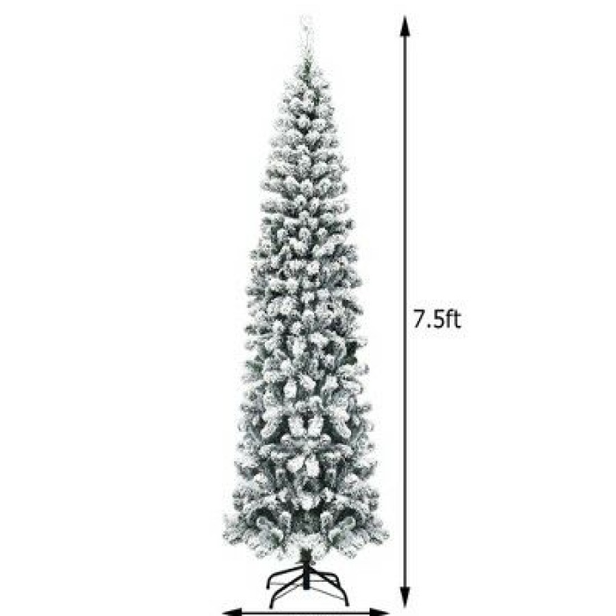 Pine * | Costway 7.5Ft Pre-Lit Snow Flocked Artificial Pencil Christmas Tree W/ 350 Led Lights