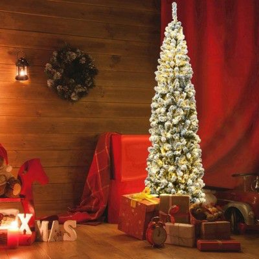 Pine * | Costway 7.5Ft Pre-Lit Snow Flocked Artificial Pencil Christmas Tree W/ 350 Led Lights