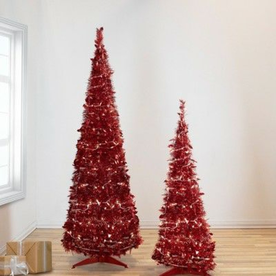 Pine * | Northlight 4 Pre-Lit Red Tinsel Pop-Up Artificial Christmas Tree, Clear Lights