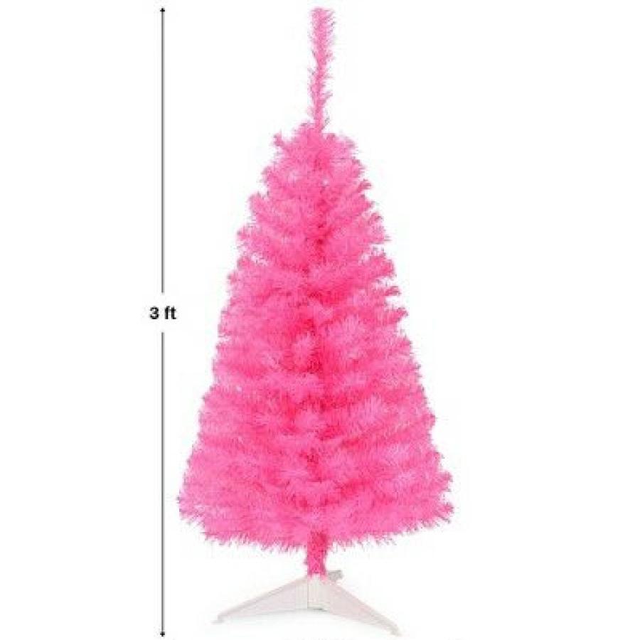 Pine * | Costway 3 Ft Premium Artificial Christmas Mini Tree Holiday Season Pink W/ Plastic Stand