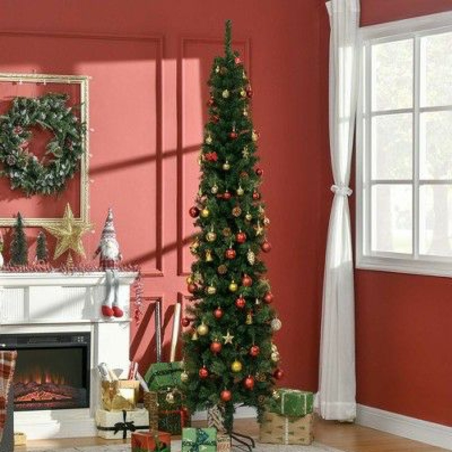 Unidentified Plant Variety * | Homcom 7.5 Foot Pencil Artificial Christmas Tree, Slim Pine Needles Xmas Tree With Realistic Branches, Pine Cones, Metal Base, Green