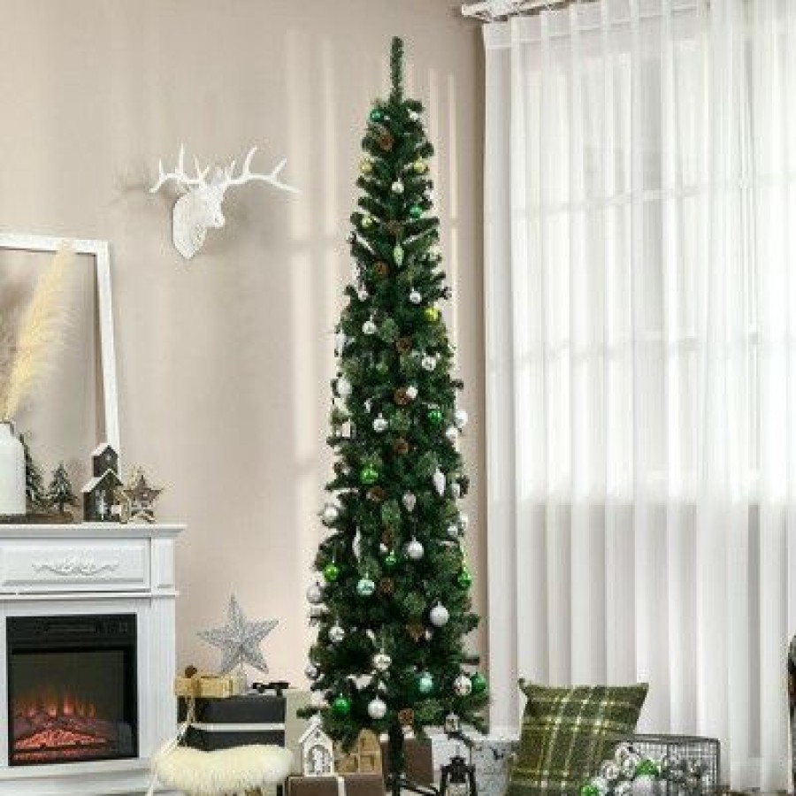 Unidentified Plant Variety * | Homcom 7.5 Foot Pencil Artificial Christmas Tree, Slim Pine Needles Xmas Tree With Realistic Branches, Pine Cones, Metal Base, Green