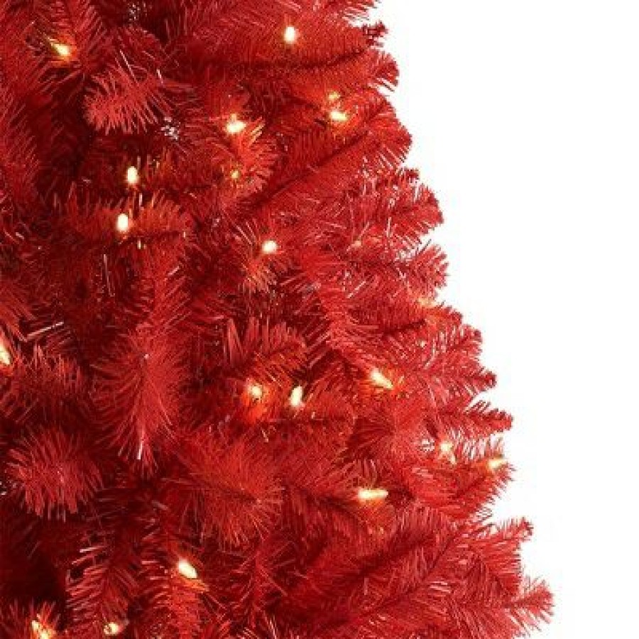 Unidentified Plant Variety * | Treetopia Lipstick Red 5 Foot Artificial Prelit Full Bodied Christmas Tree Holiday Decoration With White Led Lights, Premium Stand & Foot Pedal