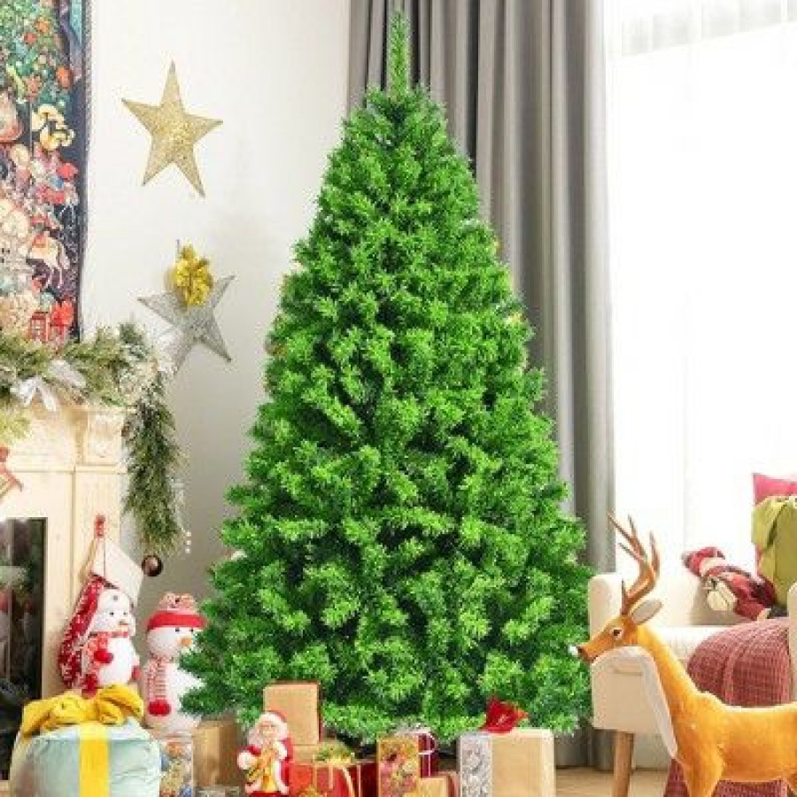 Pine * | Costway 6.5Ft Snow Flocked Hinged Artificial Christmas Tree W/ Metal Stand Green