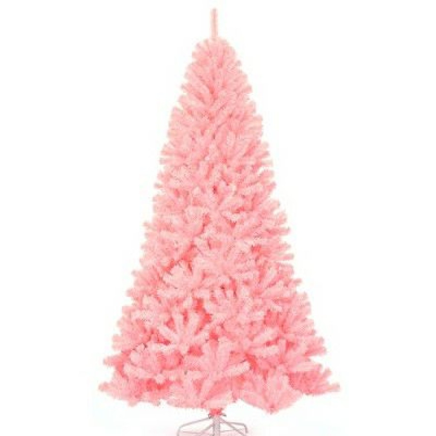 Pine * | Costway 7.5Ft Hinged Artificial Christmas Tree Full Fir Tree New Pvc W/ Metal Stand Pink