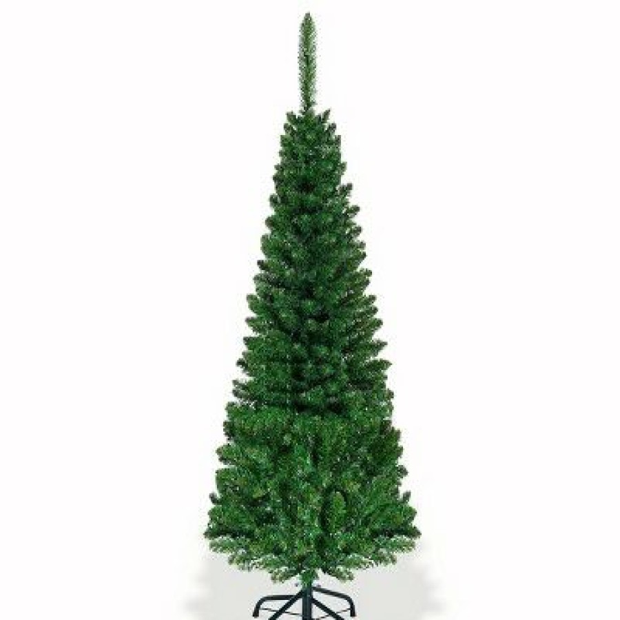 Pine * | Tangkula 4.5Ft Pencil Christmas Tree Pre-Lit Hinged Artificial Decoration W/ 150 Colorful Lights