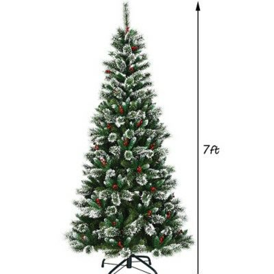 Pine * | Costway 7 Ft Snow Flocked Artificial Christmas Hinged Tree W/ Pine Needles & Red Berries