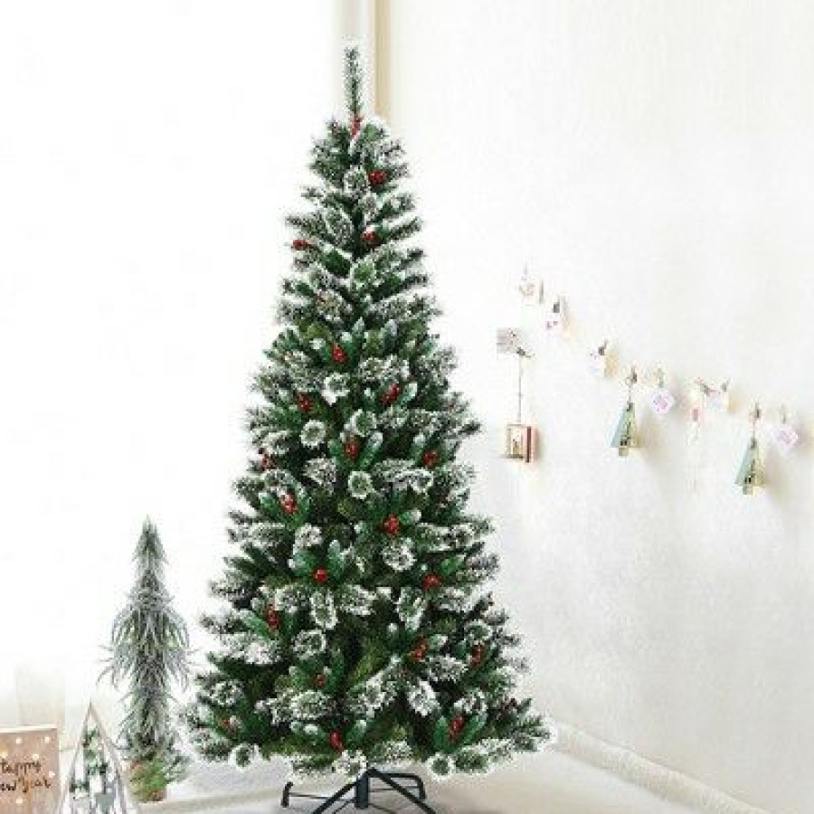 Pine * | Costway 7 Ft Snow Flocked Artificial Christmas Hinged Tree W/ Pine Needles & Red Berries