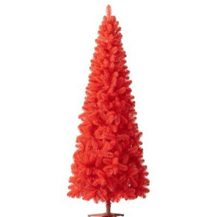 Unidentified Plant Variety * | Treetopia Candy Apple Red 6 Foot Artificial Prelit Slim Narrow Christmas Tree Holiday Decoration With White Led Lights, Premium Stand, And Foot Pedal