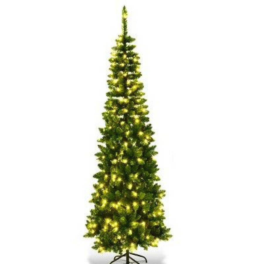 Pine * | Costway 7.5Ft Pre-Lit Hinged Pencil Christmas Tree 350 White Lights