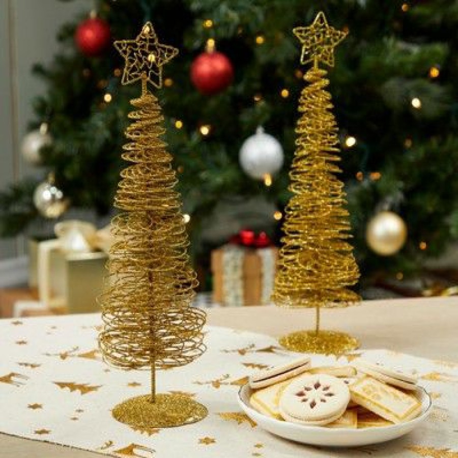 Pine * | Juvale 2 Pack Small Gold Christmas Trees For Tabletop, Holiday Decorations, 10.5 X 3 X 3 Inches