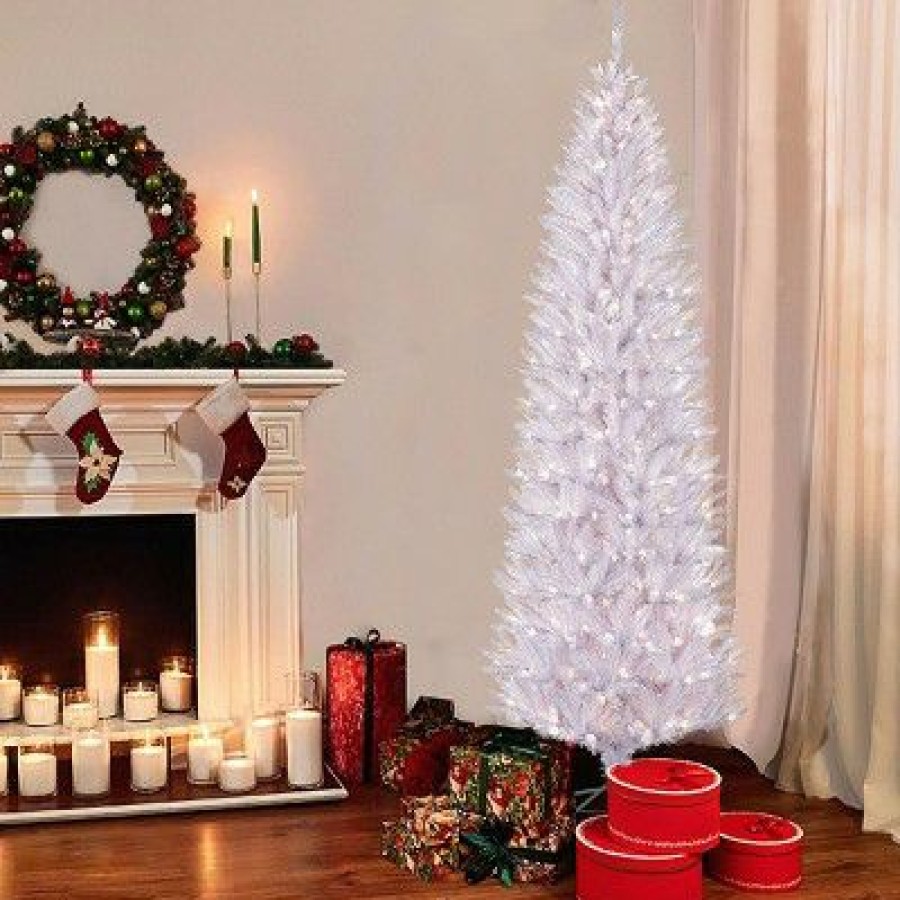 Fir Wood * | Puleo 6.5Ft Pre-Lit Artificial Christmas Tree White Pencil Forest Fir