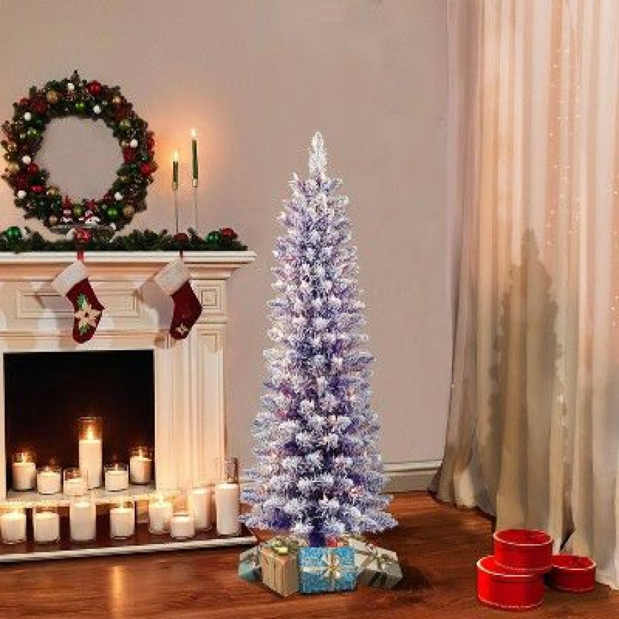 Balsam Fir * | 4.5Ft Puleo Pre-Lit Purple Flocked Slim Artificial Christmas Tree Clear Lights