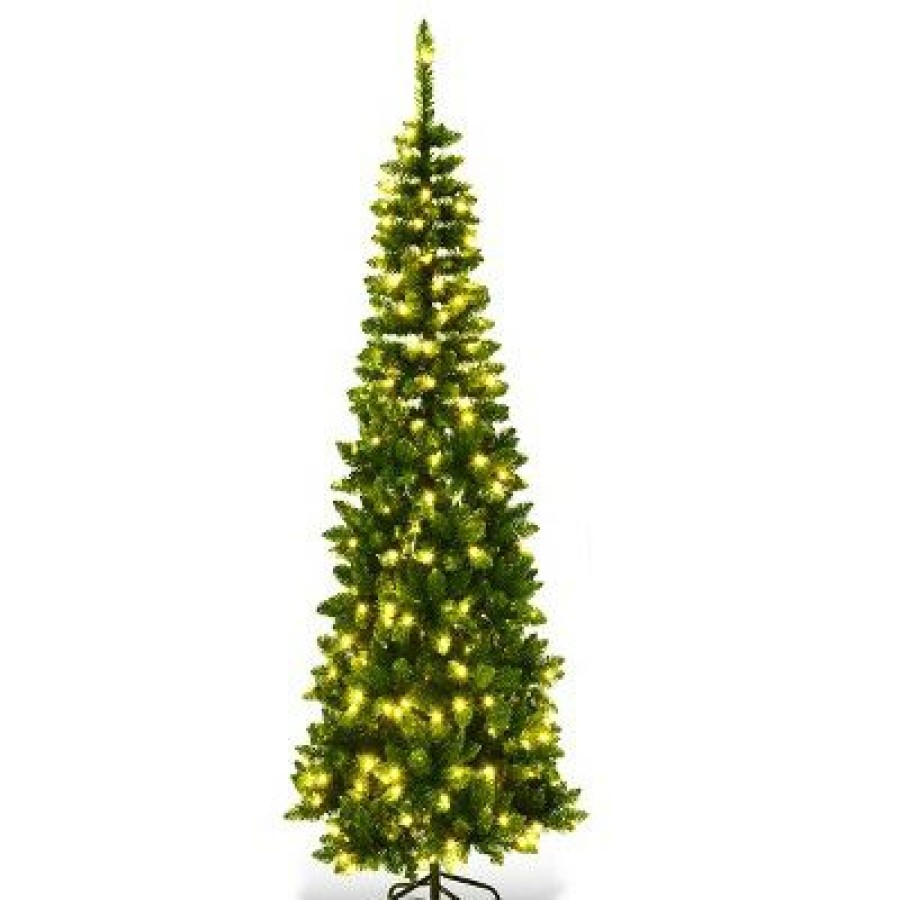 Pine * | Costway 6.5Ft Pre-Lit Hinged Pencil Christmas Tree 250 White Lights