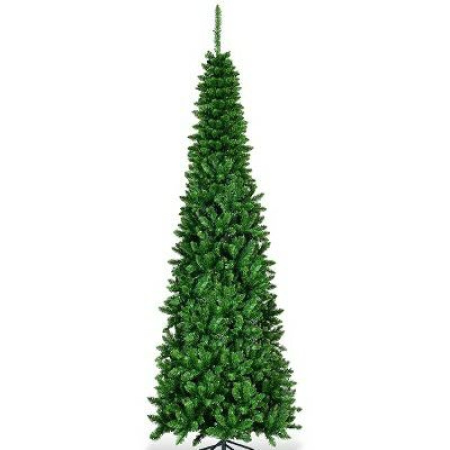 Pine * | Costway 6.5Ft Pre-Lit Hinged Pencil Christmas Tree 250 White Lights