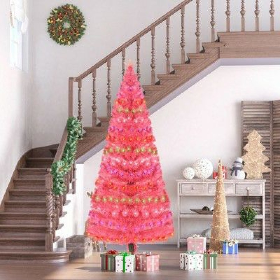 Douglas Fir * | Homcom 6Ft Tall Fir Artificial Christmas Tree With Realistic Branches, 230 Multi-Color Fiber Optic Led Lights And 230 Tips, Pink