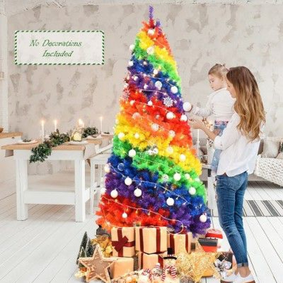 Pine * | Costway 7Ft Artificial Hinged Colorful Rainbow Full Fir Christmas Tree With 1213 Tips