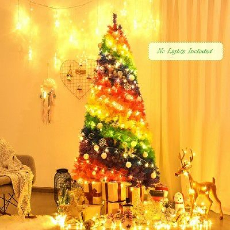 Pine * | Costway 7Ft Artificial Hinged Colorful Rainbow Full Fir Christmas Tree With 1213 Tips