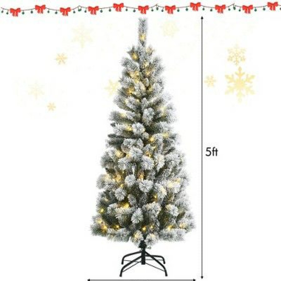 Pine * | Costway 5Ft Pre-Lit Hinged Christmas Tree Snow Flocked W/9 Modes Remote Control Lights