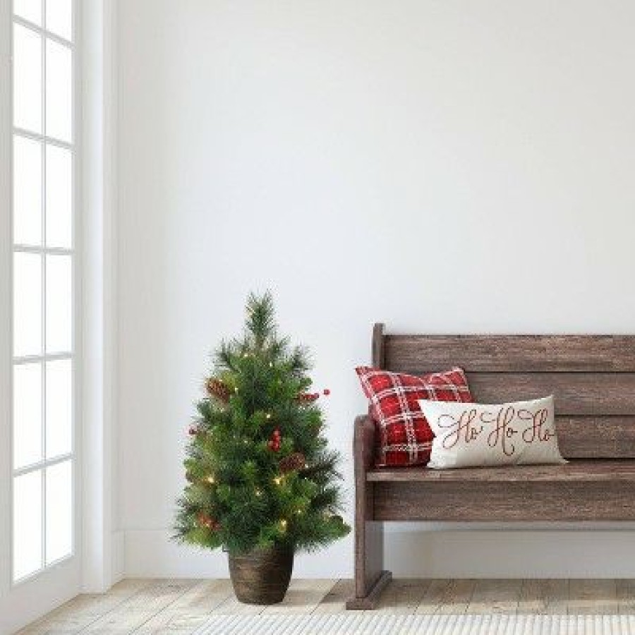 Pine * | 2Ft Puleo Pre-Lit Tabletop Artificial Christmas Tree Gold Base Clear Lights