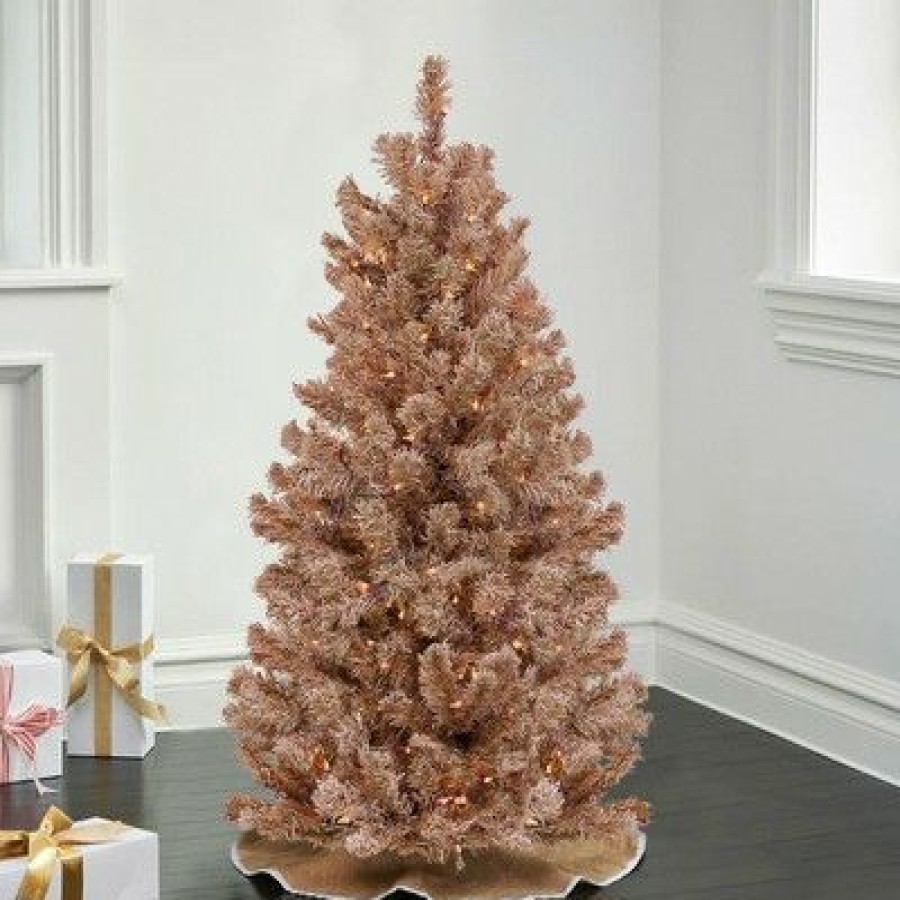 Pine * | National Tree Company 4 Foot Full Bodied Flocked Prelit Artificial Christmas Holiday Tree W/ 200 Clear Lights & Metal Stand, Rose Gold/Light Pink