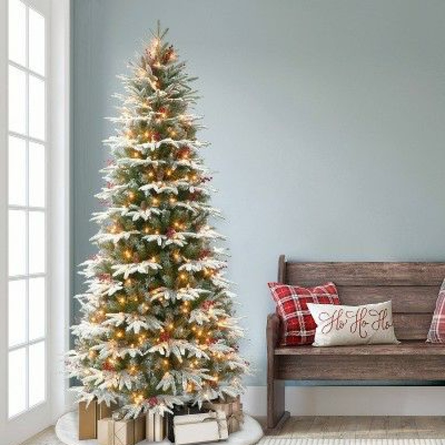 Fir Wood * | Puleo 6.5' Pre-Lit Flocked Halifax Fir Artificial Christmas Tree With Pinecones & Berries Clear Lights