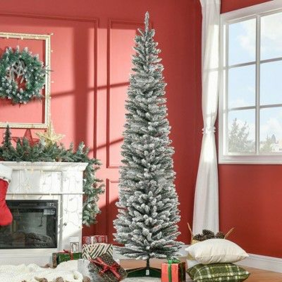 Unidentified Plant Variety * | Homcom 82.75 Snow Flocked Artificial Pencil Christmas Tree, Slim Xmas Tree With Realistic Branches And Steel Stand For Indoor Decoration, Green