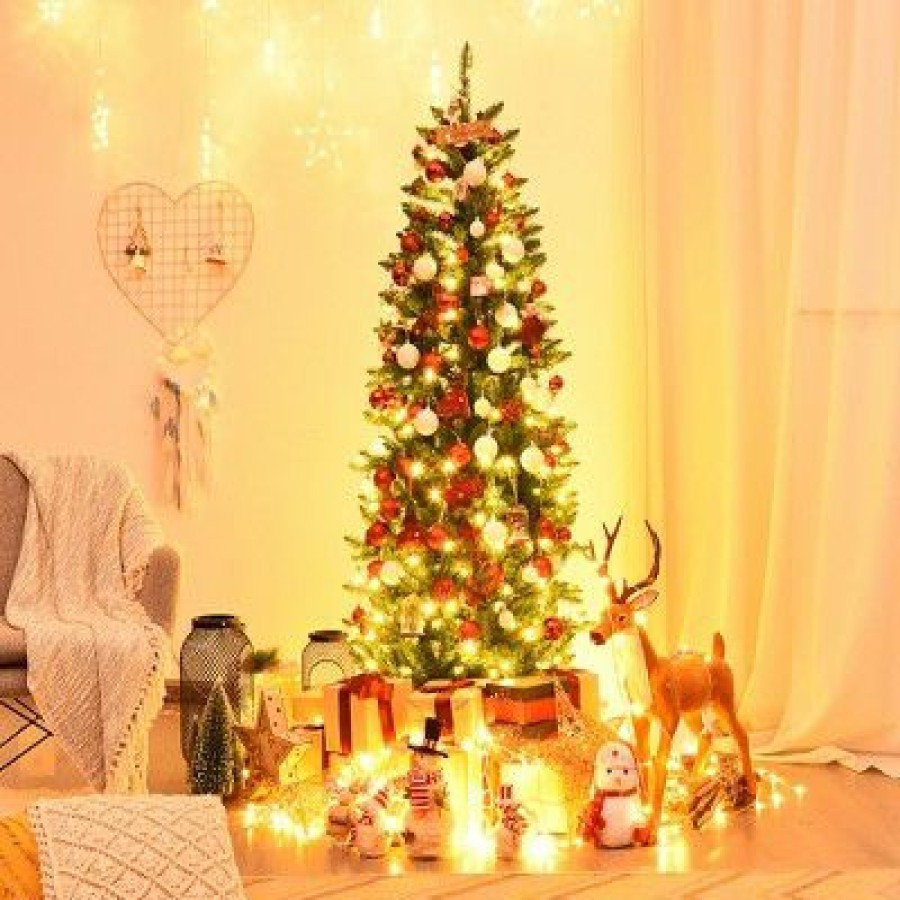 Pine * | Costway 6Ft Pre-Lit Artificial Pencil Christmas Tree Hinged Fir Pvc Tree /250 Led Lights